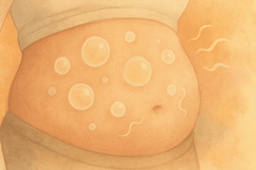"Illustration of a bloated abdomen with gas bubbles and discomfort, symbolizing why the stomach hurt after a bowel movement