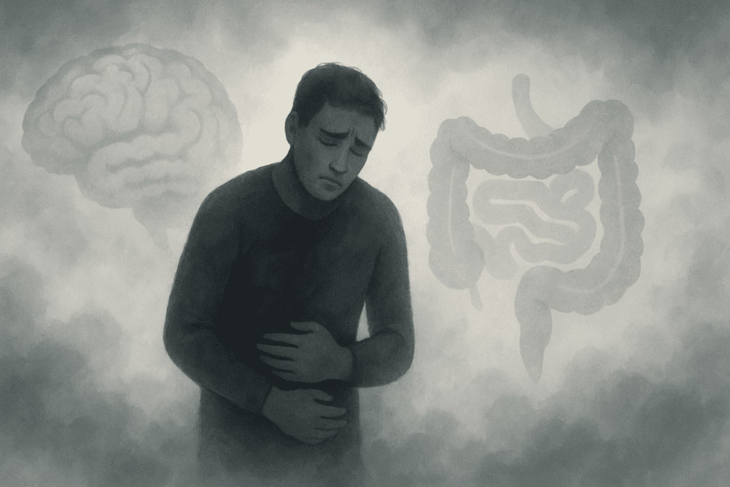 Fatigued person clutching stomach in distress with faded gut and brain icons in a cloudy background, symbolizing stomach hurt after a bowel movement