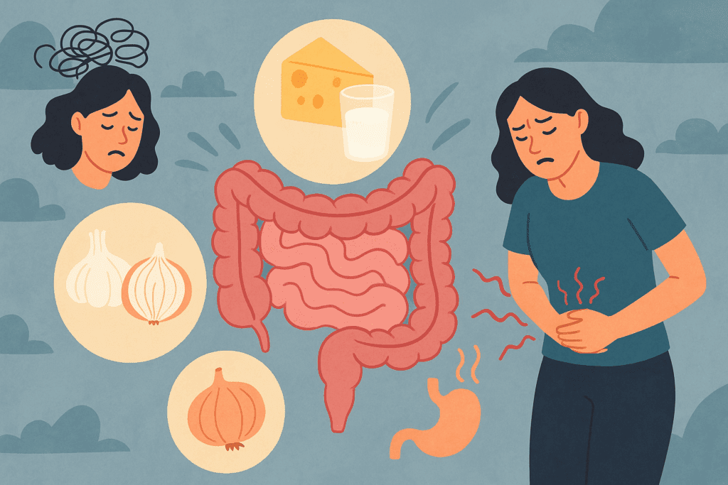 Illustration showing a woman clutching her abdomen in discomfort surrounded by a gut diagram and IBS triggers like dairy, garlic, onions, and stress, representing causes of stomach hurt after a bowel movement.