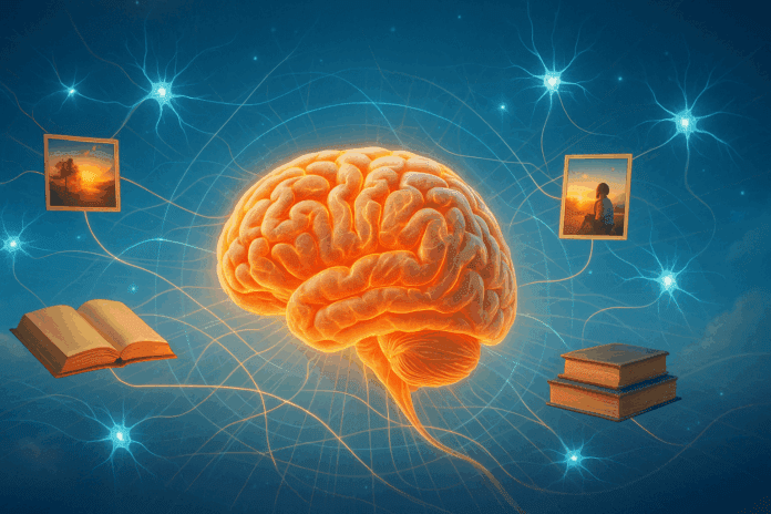 Why is my memory so good? A glowing human brain surrounded by neurons, books, photographs, and interconnected pathways, symbolizing vibrant brain health and excellent memory. This image represents cognitive vitality and the power of memory.