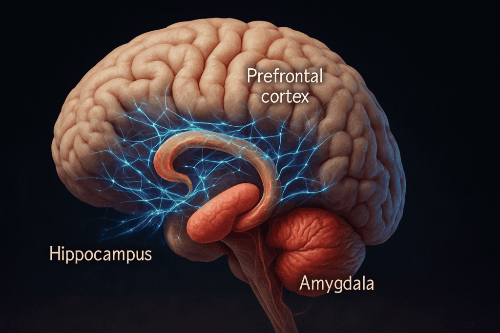 Anatomical illustration of the human brain highlighting the hippocampus, prefrontal cortex, and amygdala, with neural connections flowing between them, symbolizing memory processes. The vibrant regions and glowing pathways represent the brain's synergy in supporting memory function. This visual emphasizes the complex neural network behind a good memory