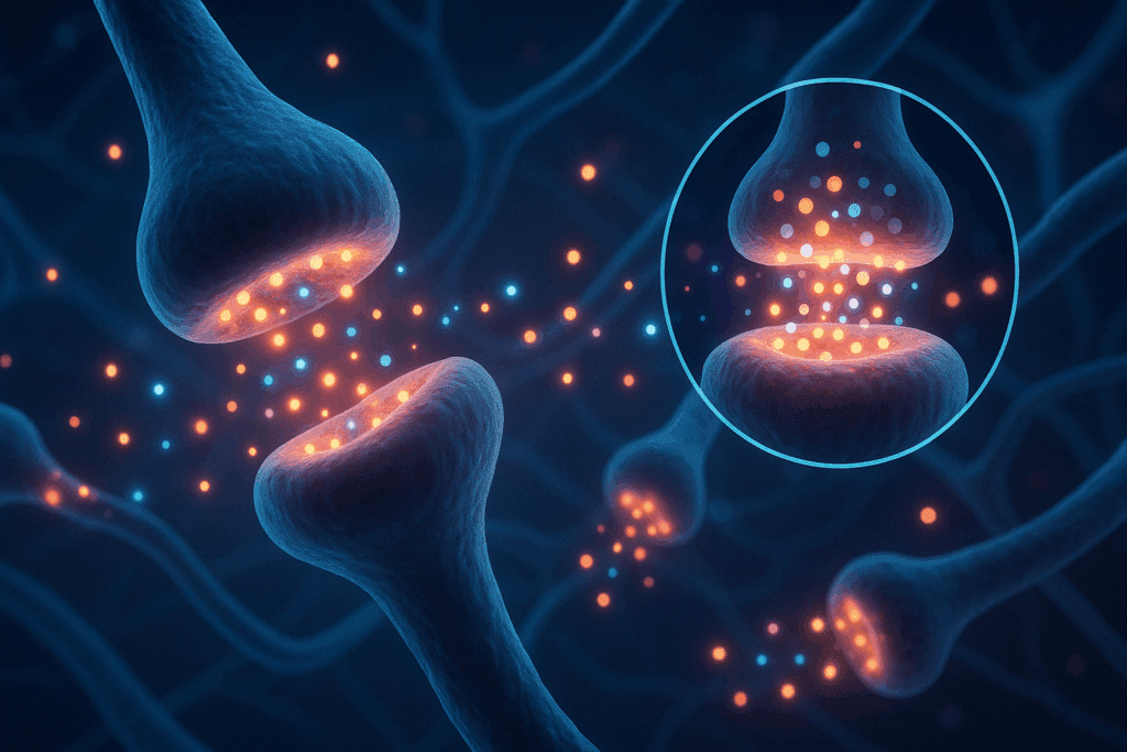 Neurotransmitters like dopamine, acetylcholine, and norepinephrine traveling between synapses in a neural network, representing the science of brain function and memory. This image illustrates the dynamic process of synaptic transmission and its role in cognitive performance and memory retention, highlighting the question 'Why is my memory so good?