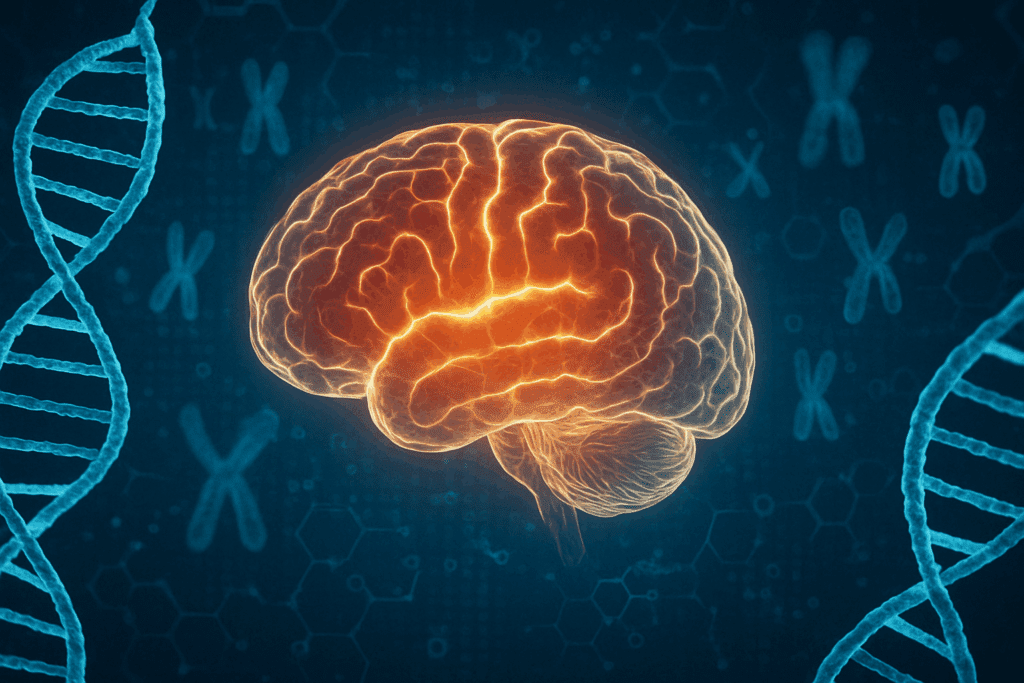 DNA double helix strands with a glowing human brain, symbolizing the connection between genetics and cognitive function, emphasizing the concept of 'Why is my memory so good' and the role of inherited traits in memory ability.