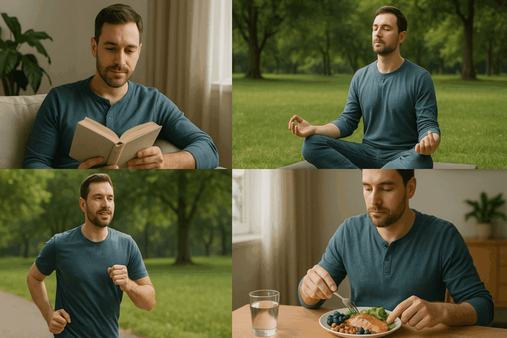 A healthy lifestyle scene showcasing a person reading, meditating, jogging, and eating brain-healthy foods like salmon, nuts, and blueberries to reinforce cognitive habits that support a good memory, reflecting the question 'Why is my memory so good?'