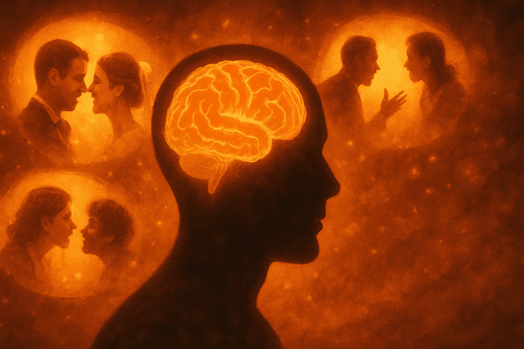 Human silhouette with a glowing brain surrounded by emotional memories—joyful wedding, heated conversation, and musical performance—depicting how emotional events impact vivid memory recall. Why is my memory so good?