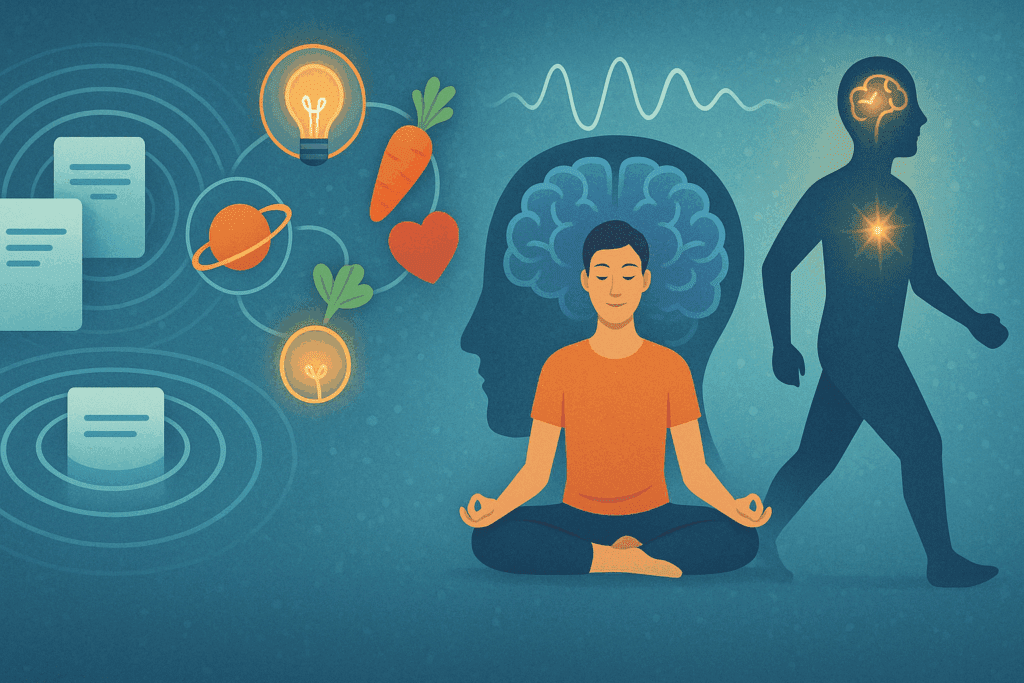 Infographic illustrating evidence-based cognitive strategies to enhance memory, including spaced repetition, mnemonic devices, meditation, and physical activity. The visual elements represent each strategy with vibrant icons and symbols, highlighting the importance of various techniques in improving memory function. This visually engaging design offers a scientific, holistic approach to boosting memory and cognitive health.
