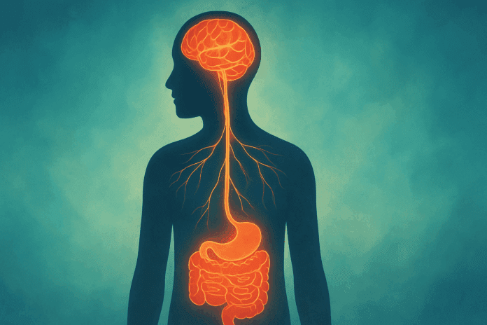Conceptual illustration of the gut-brain connection showing nerves from brain to intestines, symbolizing emotional stress and nervous poop.