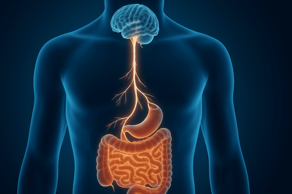 Medical illustration showing the vagus nerve connecting brain and intestines, visualizing the gut-brain link behind nervous poop.
