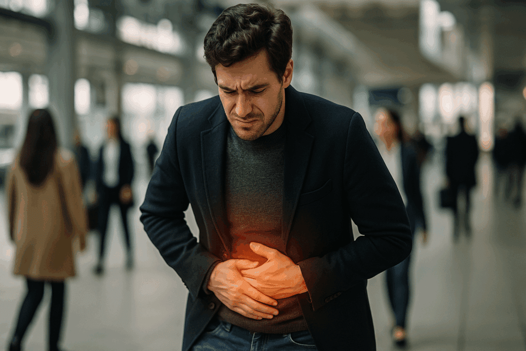 Man in a crowded train station clutching his abdomen with a faint glow, showing signs of nervous poop discomfort