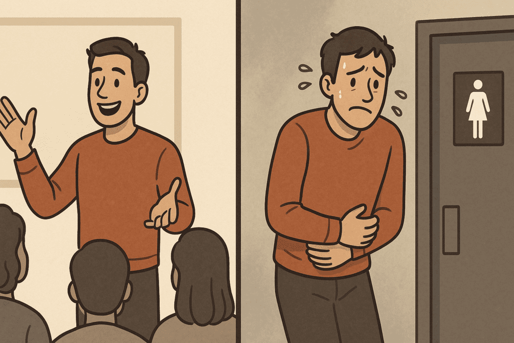 Split-screen illustration showing the contrast between normal stress and nervous poop, with a confident speaker on one side and the same person anxious outside a restroom.