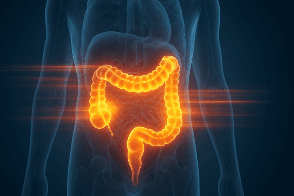Medical illustration of glowing colon with motion lines, showing accelerated digestion during nervous poop response