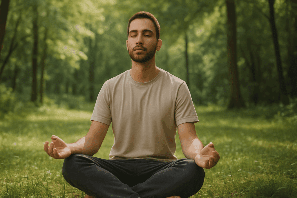 Man practicing deep breathing in a peaceful forest to calm anxiety and relieve nervous poop symptoms
