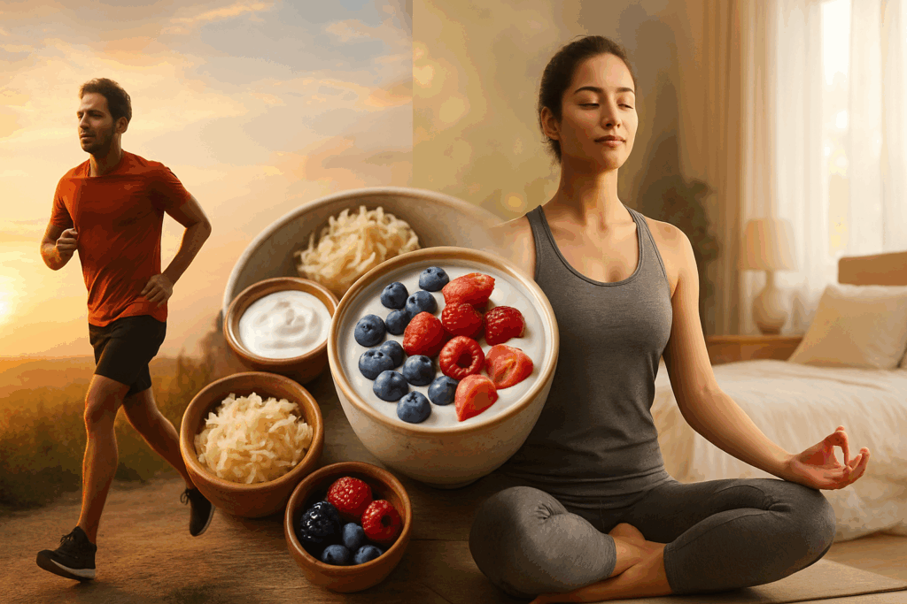 Healthy lifestyle collage symbolizing relief from nervous poop: sunrise jogger, probiotic yogurt bowl, meditating woman, and cozy bedroom