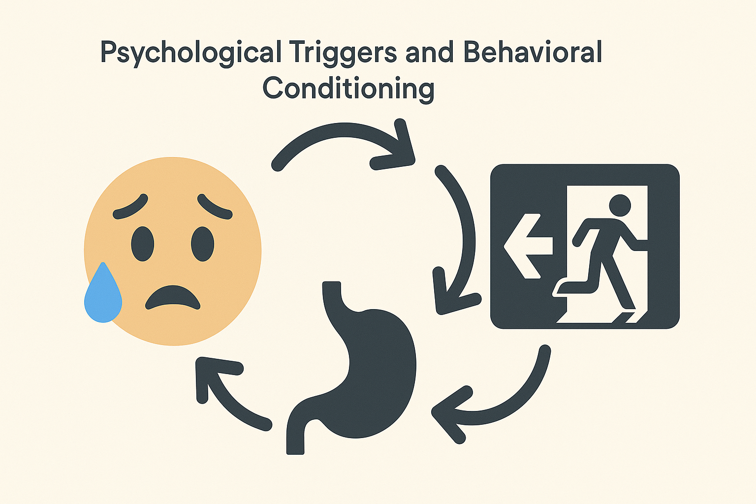Circular infographic showing the nervous poop cycle with icons for anxiety, bowel urgency, avoidance, and increased anxiety