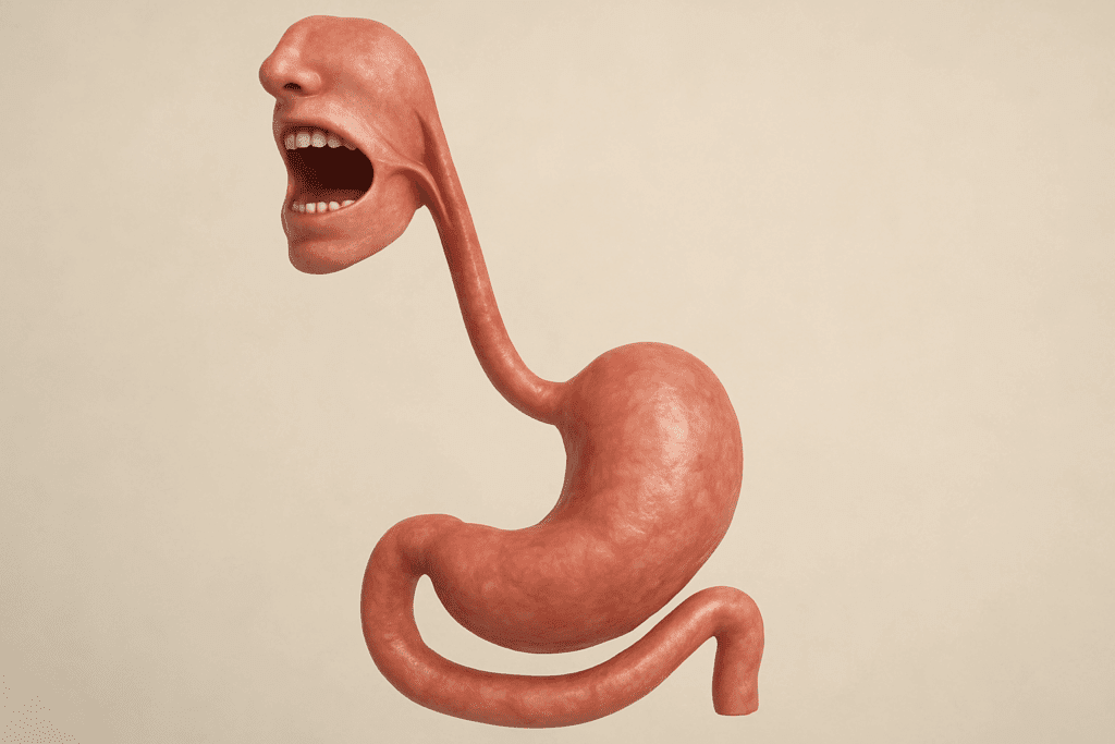 3D medical illustration showing realistic anatomy of the upper digestive system including the mouth, esophagus, stomach, and duodenum