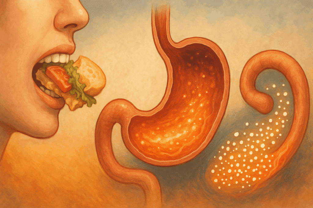 Illustration showing food digestion stages in the upper digestive system, including chewing, stomach acid activity, and enzyme action in the duodenum.