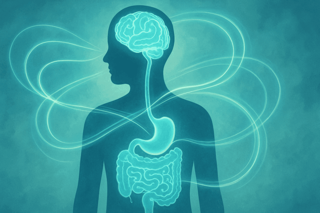 Conceptual illustration of the gut-brain connection showing a human silhouette with a glowing brain and upper digestive system linked by swirling light paths.