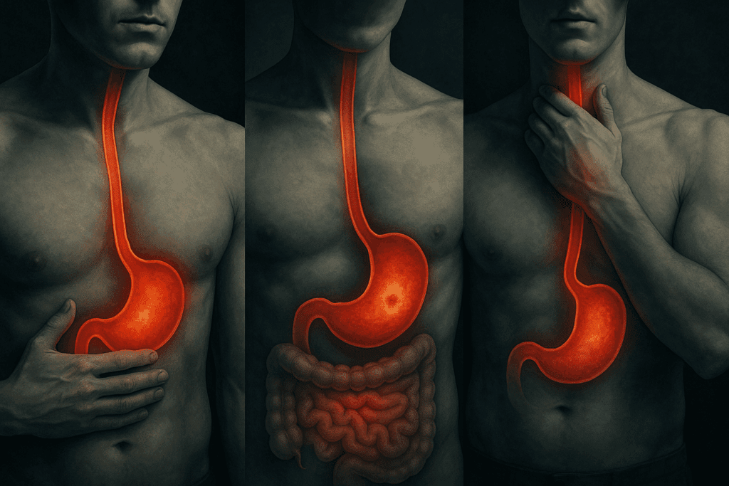 Medical illustration showing heartburn, gastric ulcers, and esophageal pain symptoms highlighted on a human torso model, representing common disorders of the upper digestive system