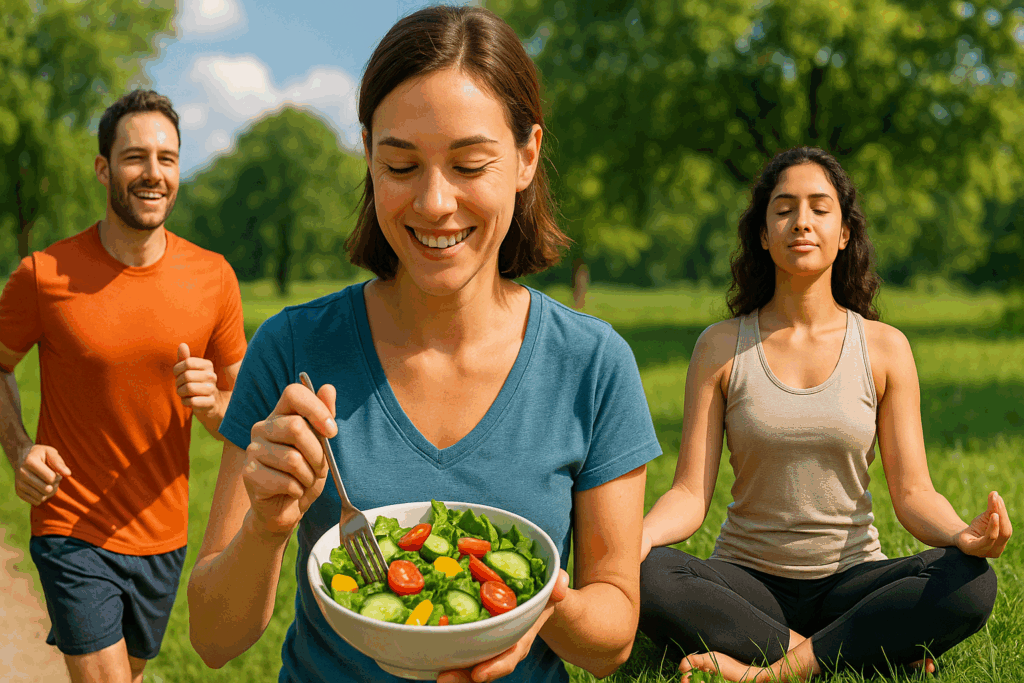 Healthy lifestyle habits promoting upper digestive system wellness: woman eating a balanced salad, man jogging outdoors, and woman meditating in a sunny green park
