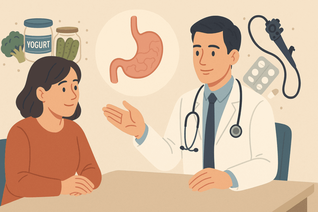 Doctor consulting with a patient about the upper digestive system, surrounded by symbols of probiotics, medications, and endoscopy tools in a warm, hopeful medical setting.