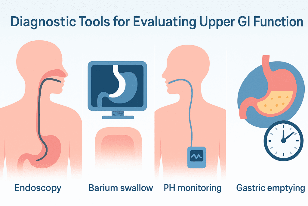 Infographic illustrating diagnostic tools for the upper digestive system, featuring endoscopy, barium swallow imaging, pH monitoring, and gastric emptying studies