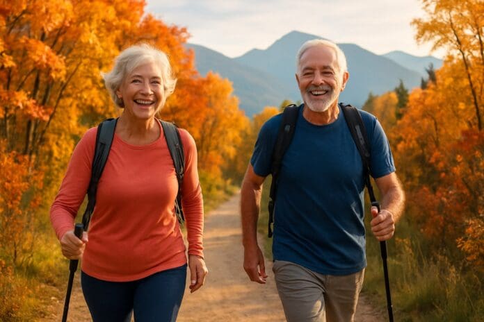 Older adult couple hiking confidently through autumn woods with mountains in the distance, symbolizing staying fit and active with age.