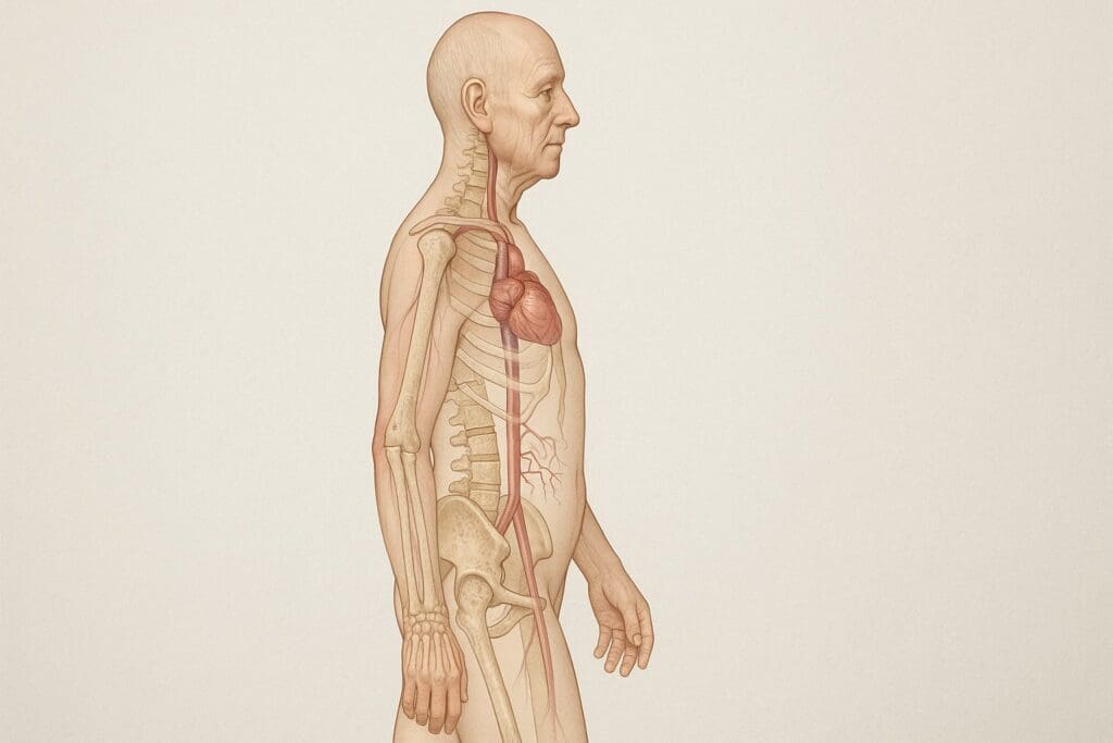 Aging male body in anatomical side view showing muscle loss, bone density decline, and heart health to emphasize the importance of staying fit with age.