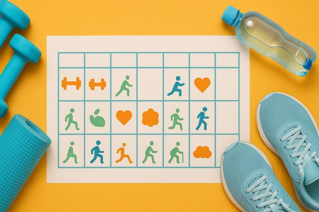 Weekly fitness planner flat lay with icons for strength, cardio, flexibility, and rest, promoting staying fit for older adults.
