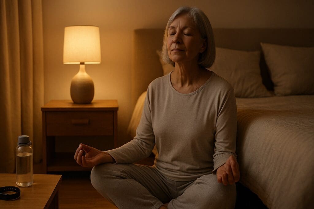 Older woman meditating beside her bed in a softly lit bedroom as part of a nighttime routine for staying fit.