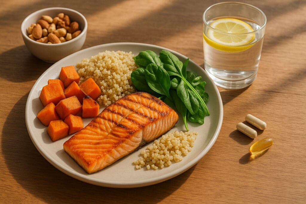Nutrient-rich senior-friendly meal with salmon, quinoa, sweet potatoes, and leafy greens supporting staying fit and healthy aging.
