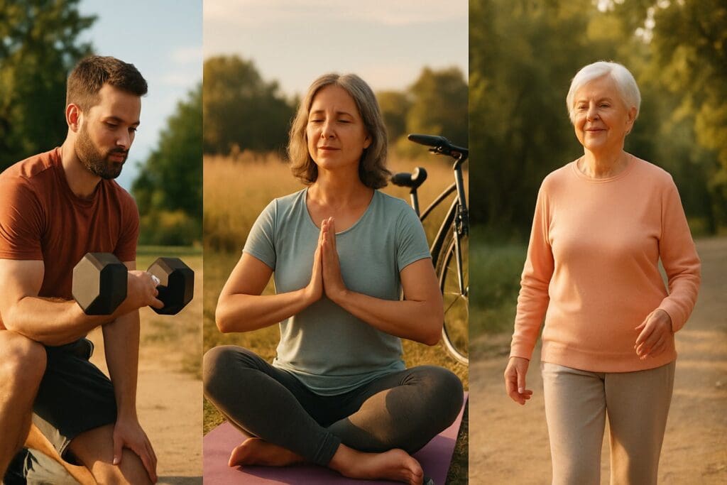 People in their 30s, 50s, and 70s staying fit through weightlifting, yoga, and walking in a natural outdoor setting.