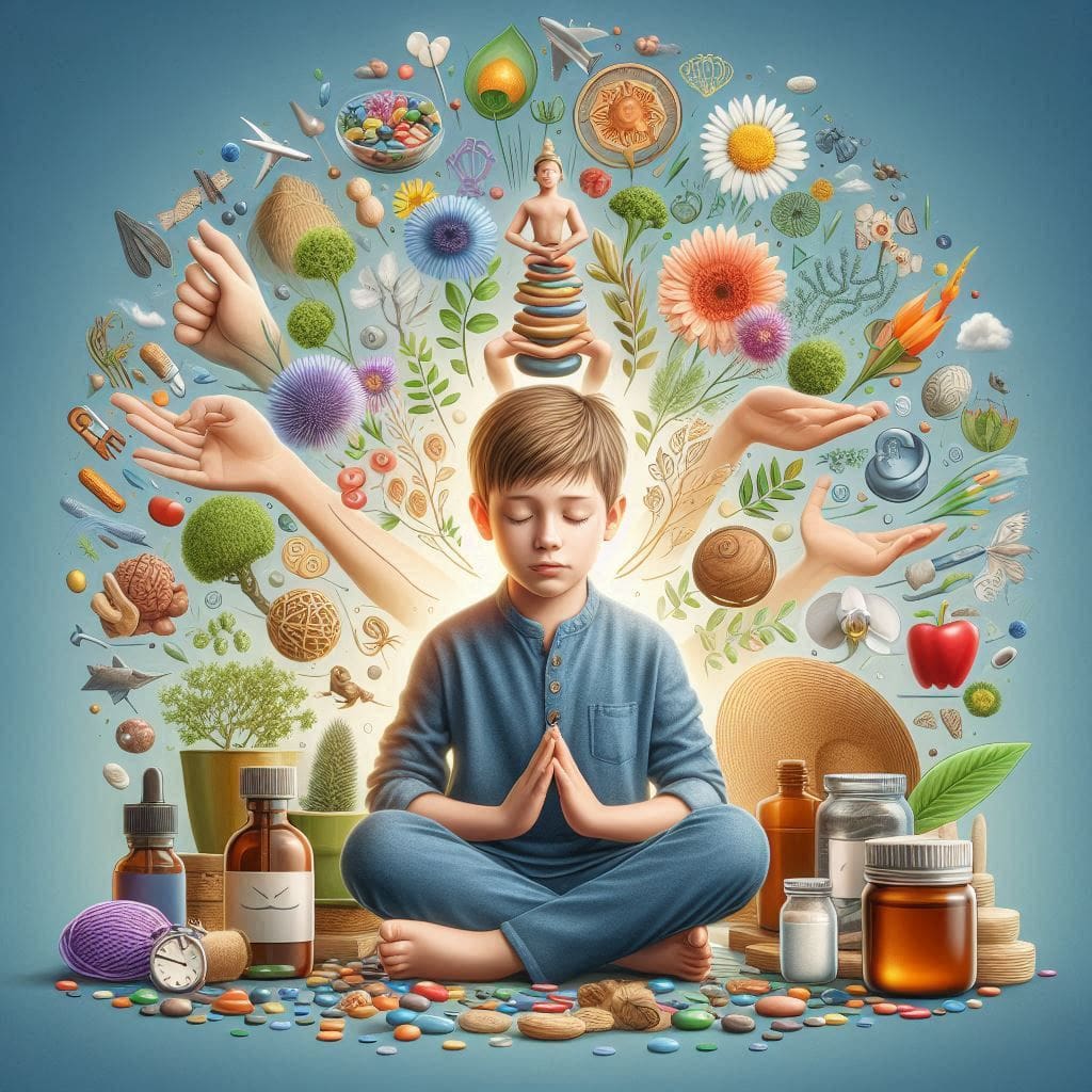 A visually rich composition of a well-balanced meal, including fresh fruits, vegetables, nuts, and omega-3-rich foods like salmon, illustrating the connection between nutrition and improved focus, memory, and cognitive function in children with ADHD.