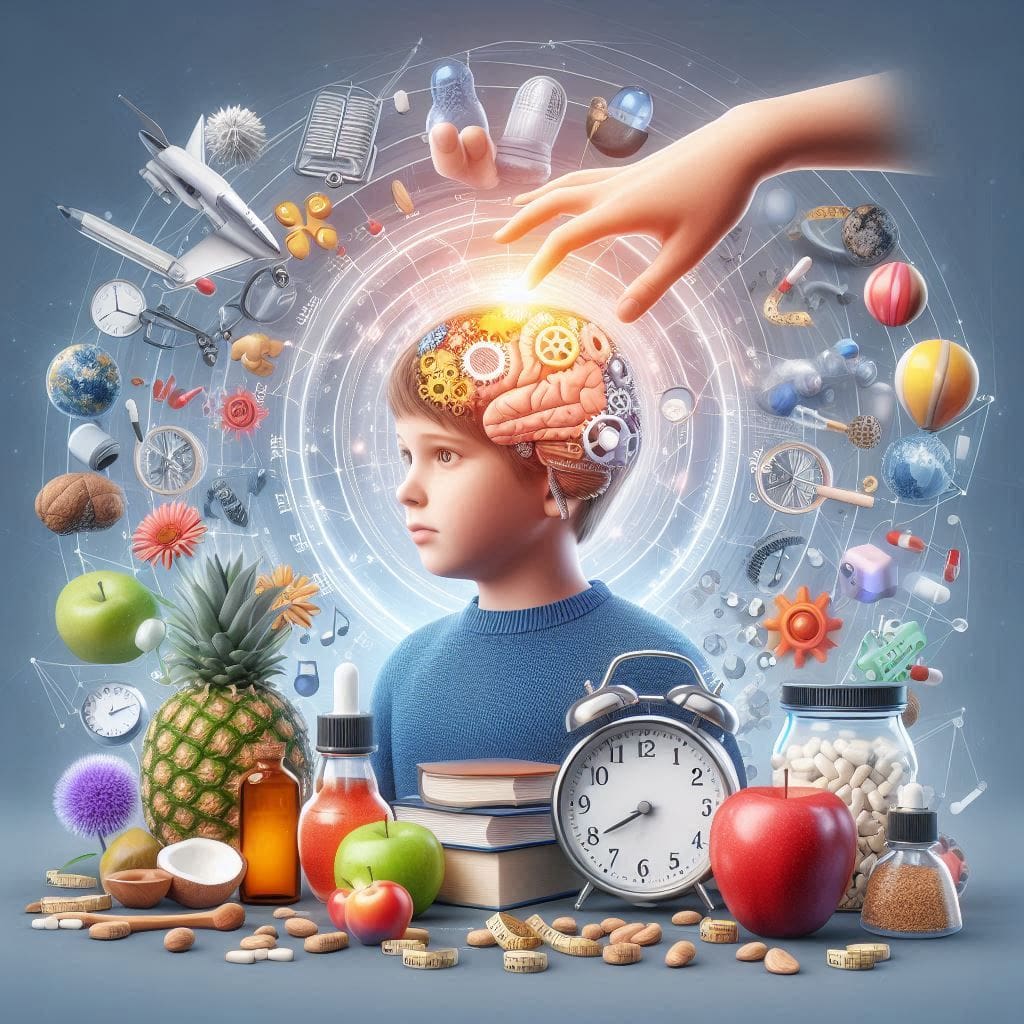 A dynamic image capturing a joyful child engaged in outdoor physical activities such as running, cycling, or yoga, emphasizing the positive impact of movement and exercise on attention, impulse control, and overall brain health.