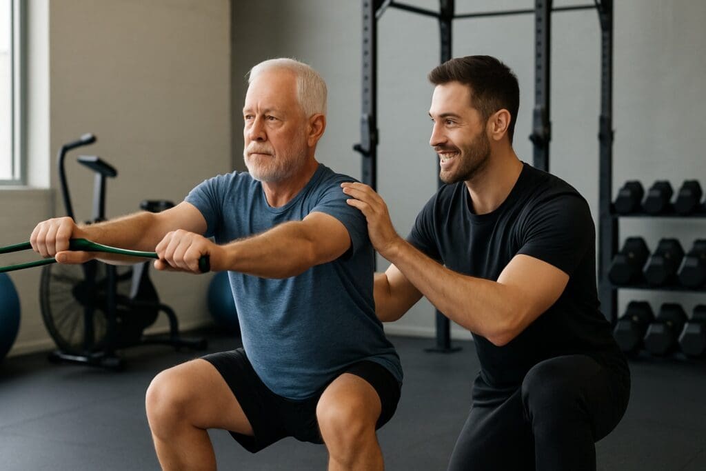 Older man doing assisted squats with a personal trainer in a gym, showing safe techniques for staying fit as you age.