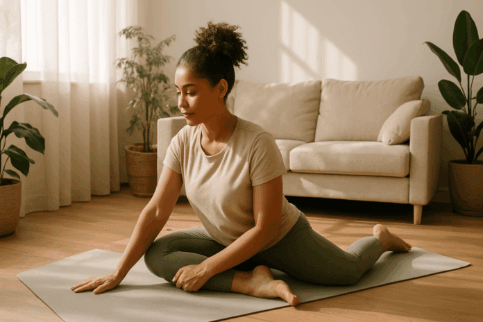 Woman doing pigeon pose on a yoga mat in a sunlit living room, demonstrating one of the best lower back and glute stretches.