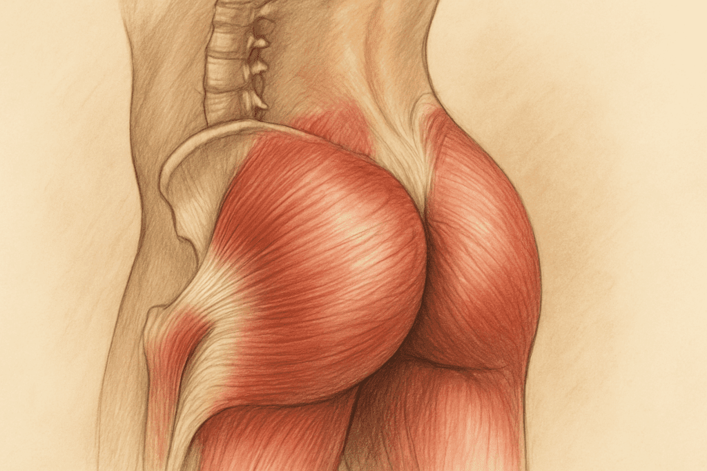 Artistic anatomical illustration showing gluteus maximus, medius, and minimus connected to the lumbar spine, highlighting muscle groups targeted by the Best Lower Back and Glute Stretches.