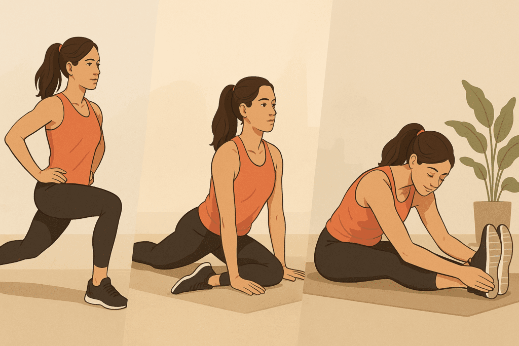 Woman performing dynamic lunges, pigeon stretch, and seated hamstring stretch in sequence, illustrating the best lower back and glute stretches for workout timing.