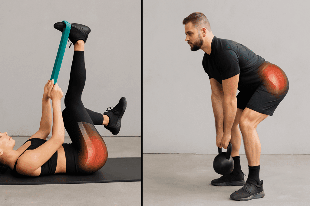 Split-screen comparison of a woman doing a glute stretch with a resistance band and a man performing a kettlebell deadlift, illustrating the best lower back and glute stretches.