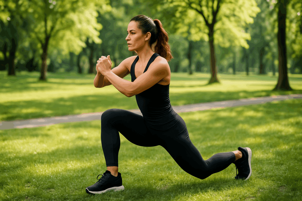 Woman performing a walking lunge with torso twist in a park as part of best lower back and glute stretches routine