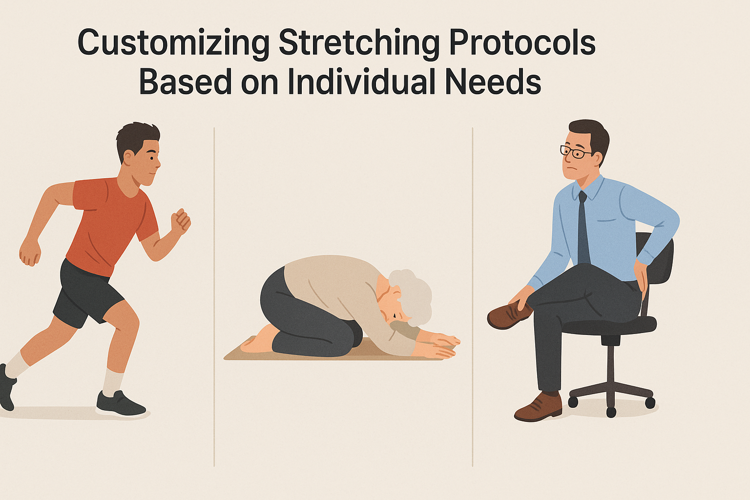 Infographic comparing the best lower back and glute stretches for a young athlete, an older adult, and an office worker using tailored stretching poses.