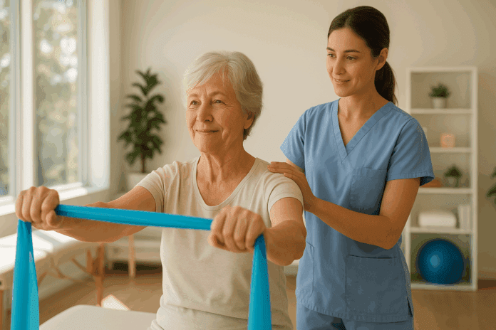 Older woman performing shoulder strengthening exercises with a resistance band under therapist supervision in a bright rehab room