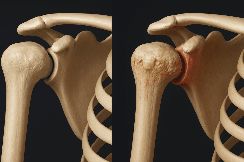 Side-by-side 3D illustration comparing a healthy shoulder joint and one with osteoarthritis, used to explain joint damage before starting shoulder strengthening exercises.