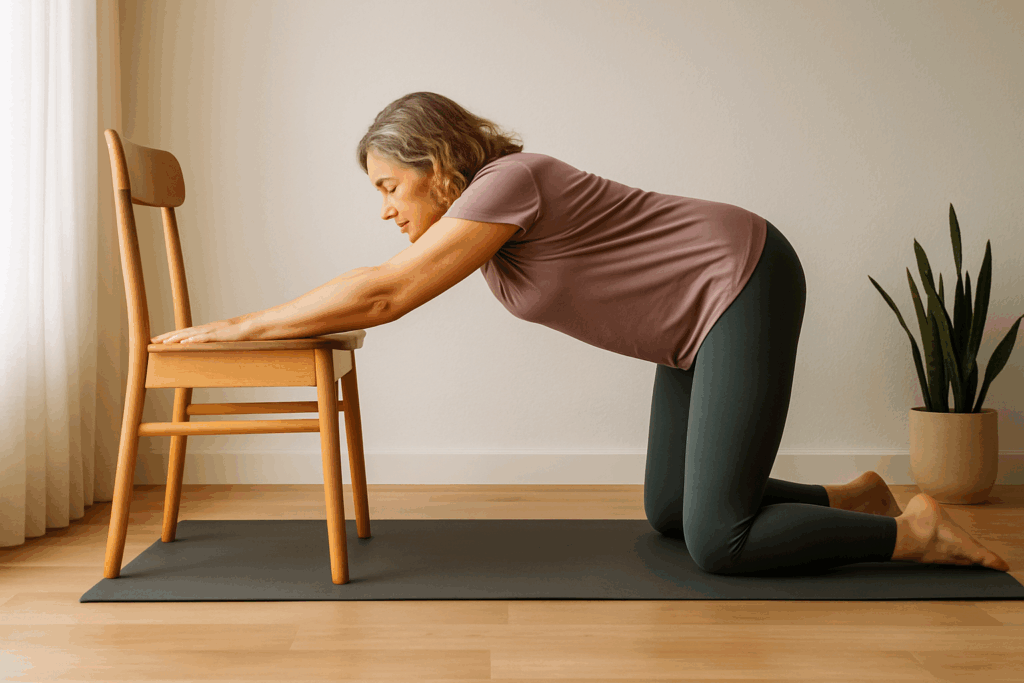 Middle-aged woman using a chair for gentle yoga as part of shoulder strengthening exercises in a calm, sunlit home setting