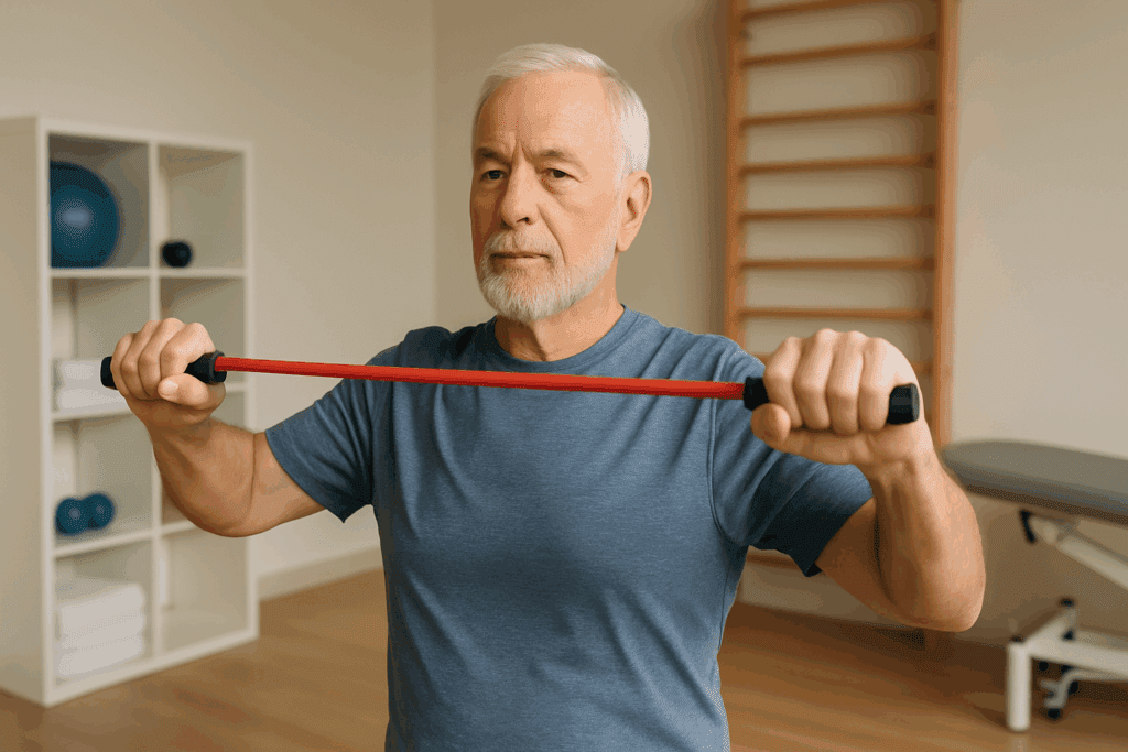 Older adult performing shoulder strengthening exercises with a red resistance band in a well-lit home gym setting.