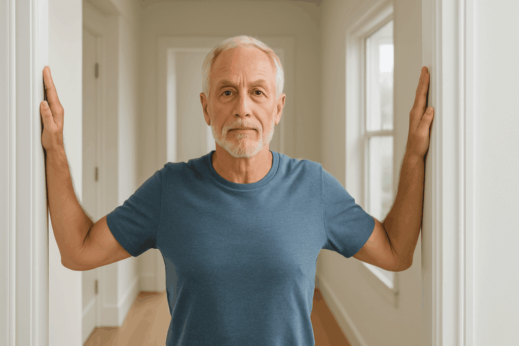 Older adult performing a doorway chest stretch in a bright hallway, demonstrating shoulder strengthening exercises for flexibility and posture.