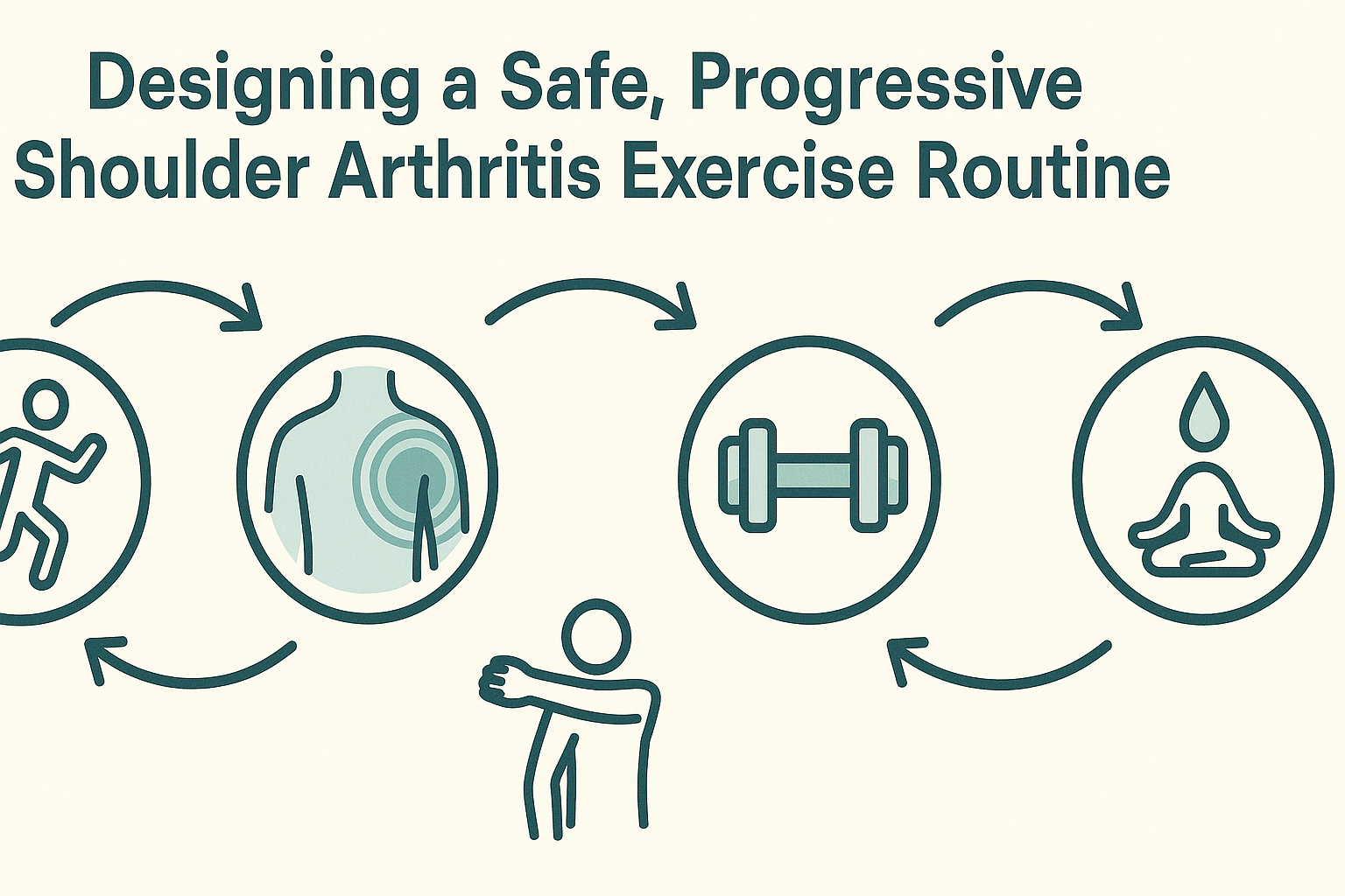 Infographic diagram visually illustrating a shoulder arthritis rehab routine with five stages including shoulder strengthening exercises, stretching, and cooldown