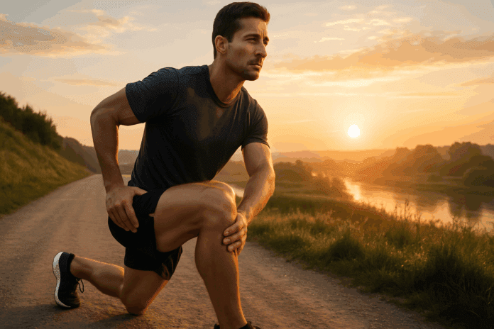 Male runner doing a sunrise quad stretch on a trail, highlighting leg muscles as part of the best knee stretches for runners.