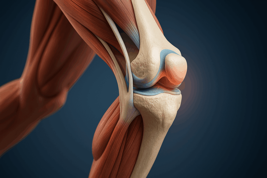 3D medical illustration of a knee joint in motion while running, showing muscles and ligaments under repetitive stress—ideal for understanding the best knee stretches for runners.