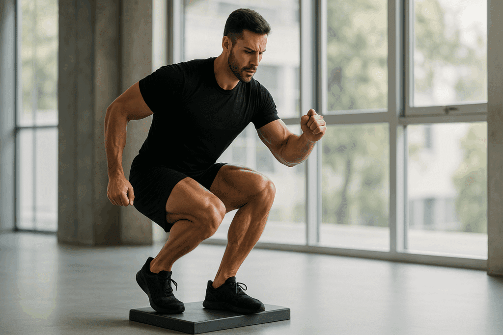 Runner performing controlled step-down exercise in gym to demonstrate best knee stretches for runners with visible muscle engagement