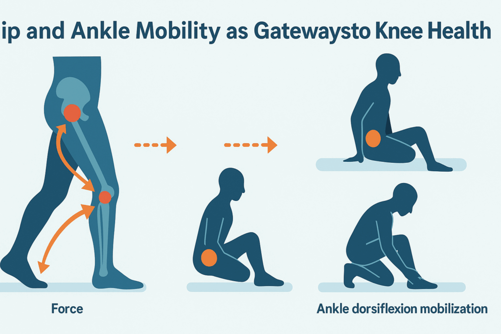 Infographic showing how limited hip and ankle mobility affects knee alignment, with arrows and poses illustrating the best knee stretches for runners